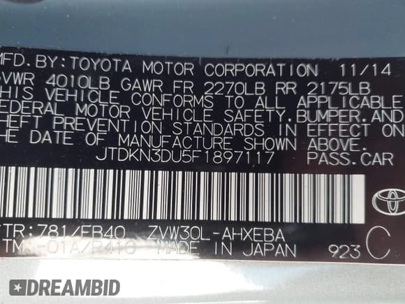✅ 2015 Toyota Prius Four • VIN: JTDKN3DU5F1897117 • Lot: 43801711. Listed on IAAI with 59,420 mi. Free auction sales archive from the USA and detailed vehicle history report at DreamBid. Image 9.