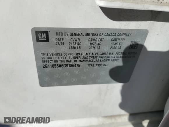 ✅ 2016 Chevrolet Impala LT • VIN: 2G1105SA6G9186479 • Lot: 86466485. Listed on Copart with 137,743 mi miles. Access the free auction sales archive from the USA and view a detailed vehicle history report at DreamBid. Image 12.