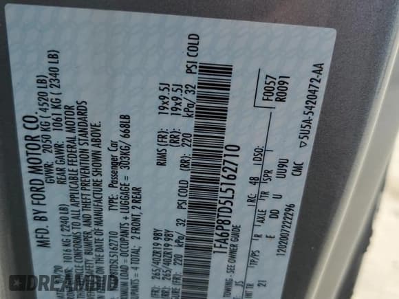 ✅ 2020 Ford Mustang EcoBoost Premium • VIN: 1FA6P8TD5L5162710 • Lot: 89522595. Listed on Copart with 57,311 mi. Free auction sales archive from the USA and detailed vehicle history report at DreamBid. Image 12.