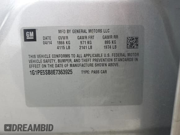 ✅ 2014 Chevrolet Cruze 2LT • VIN: 1G1PE5SB8E7363925 • Lot: 92287265. Listed on Copart with 195,292 mi. Free auction sales archive from the USA and detailed vehicle history report at DreamBid. Image 13.