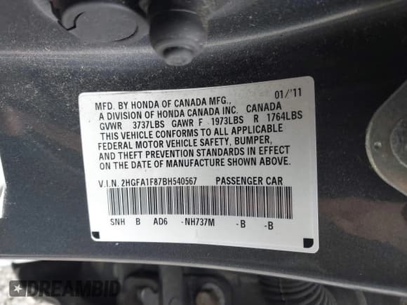 ✅ 2011 Honda Civic EX • VIN: 2HGFA1F87BH540567 • Lot: 43549789. Listed on IAAI with Not provided. Free auction sales archive from the USA and detailed vehicle history report at DreamBid. Image 9.