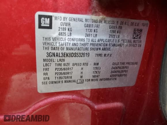 ✅ 2013 Chevrolet Captiva Sport LT • VIN: 3GNAL3EK8DS532819 • Lot: 43222565. Wystawiony na Copart z przebiegiem 96 202 mil. Bezpłatny archiwum sprzedaży aukcyjnych z USA i szczegółowy raport historii pojazdu na DreamBid. Zdjęcie 13.