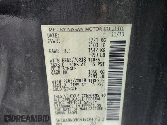 ✅ 2011 Nissan Armada SL • VIN: 5N1BA0ND9BN609722 • Lot: 60094495. Listed on Copart with 246,964 mi. Free auction sales archive from the USA and detailed vehicle history report at DreamBid. Image 13.