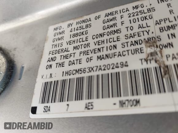 ✅ 2007 Honda Accord LX SE • VIN: 1HGCM563X7A202494 • Lot: 43435789. Listed on IAAI with 139,369 mi. Free auction sales archive from the USA and detailed vehicle history report at DreamBid. Image 9.