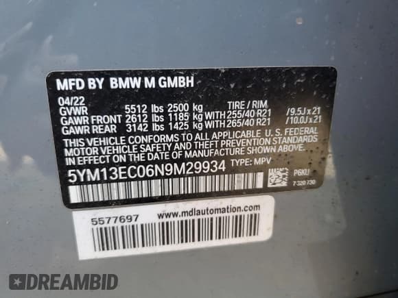 ✅ 2022 BMW X3 M • VIN: 5YM13EC06N9M29934 • Lot: 75519544. Wystawiony na Copart z przebiegiem Nie podano. Bezpłatny archiwum sprzedaży aukcyjnych z USA i szczegółowy raport historii pojazdu na DreamBid. Zdjęcie 13.