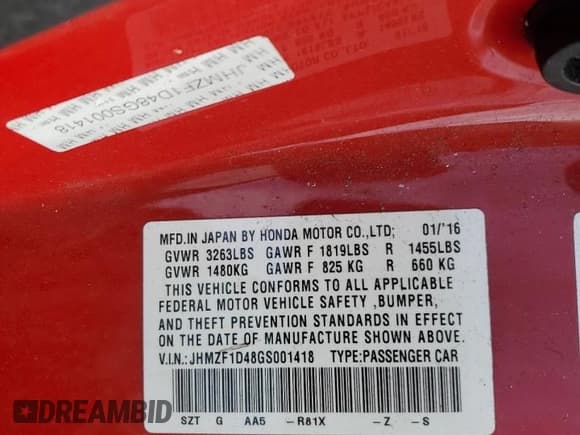 ✅ 2016 Honda CR-Z LX • VIN: JHMZF1D48GS001418 • Lot: 68791075. Listed on Copart with 81,411 mi. Free auction sales archive from the USA and detailed vehicle history report at DreamBid. Image 12.