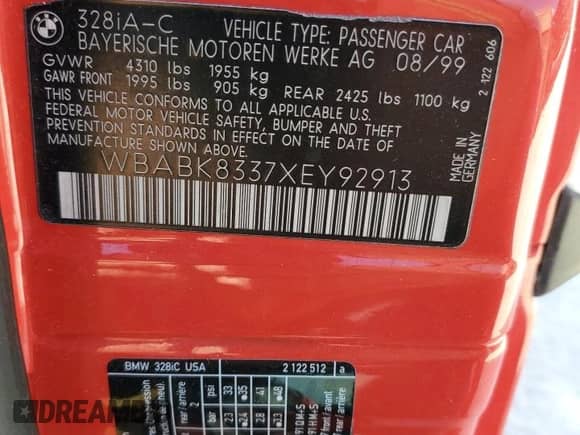 1999 BMW 3 Series 328i с VIN WBABK8337XEY92913, выставлен на аукционе Copart как лот 78270094 с пробегом 76 019 миль миль и На запчасти • Non repairable. История ставок и продаж доступна на DreamBid. Изображение 12.