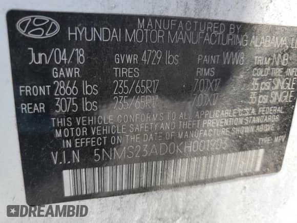 2019 Hyundai Santa Fe SE с VIN 5NMS23AD0KH001903, выставлен на аукционе Copart как лот 91165425 с пробегом 69 358 миль миль и Списание • Salvage title. История ставок и продаж доступна на DreamBid. Изображение 14.