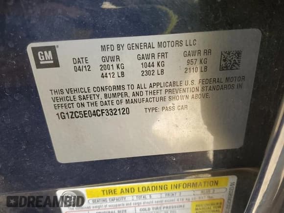 ✅ 2012 Chevrolet Malibu 1LT • VIN: 1G1ZC5E04CF332120 • Lot: 76076104. Listed on Copart with 188,440 mi. Free auction sales archive from the USA and detailed vehicle history report at DreamBid. Image 12.