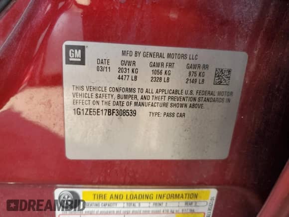 2011 Chevrolet Malibu LTZ with VIN 1G1ZE5E17BF308539, listed as a Copart auction lot 69997964 with 108,965 mi miles and Salvage title. Bid and sale history available at DreamBid. Image 12.