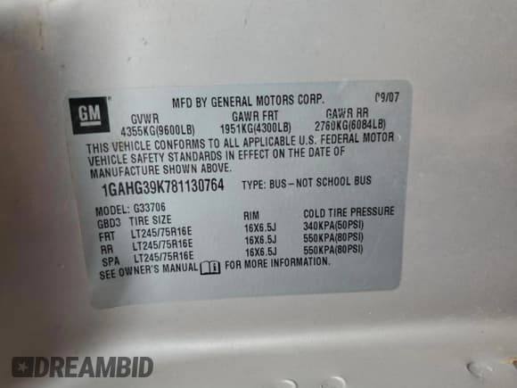 ✅ 2008 Chevrolet Express Passenger • VIN: 1GAHG39K781130764 • Lot: 46990255. Listed on Copart with 68,470 mi. Free auction sales archive from the USA and detailed vehicle history report at DreamBid. Image 13.