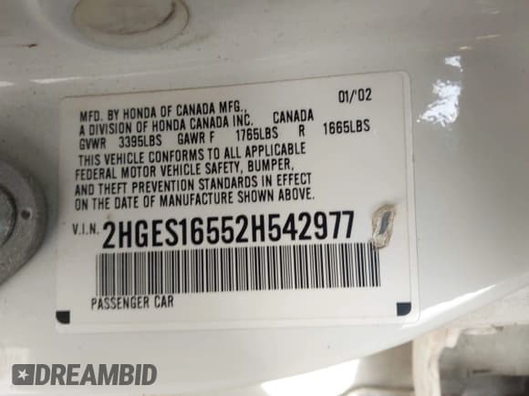 ✅ 2002 Honda Civic LX • VIN: 2HGES16552H542977 • Lot: 43634078. Listed on IAAI with 167,060 mi. Free auction sales archive from the USA and detailed vehicle history report at DreamBid. Image 9.