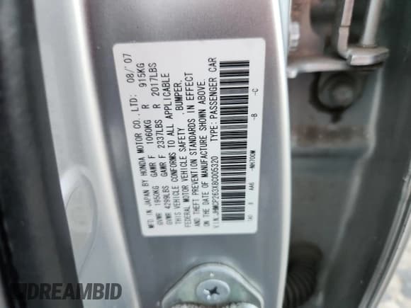 ✅ 2008 Honda Accord LX • VIN: JHMCP263X8C005320 • Lot: 89694265. Listed on Copart with Not provided. Free auction sales archive from the USA and detailed vehicle history report at DreamBid. Image 13.