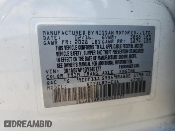 ✅ 2016 Nissan Sentra SV • VIN: 3N1AB7AP1GY240177 • Лот: 85863015. Опубликован ранее на Copart с пробегом 165 200 миль. Бесплатный доступ к архиву аукционных продаж из США и подробный отчёт об истории автомобиля на DreamBid. Изображение 13.