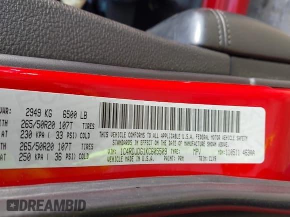 ✅ 2019 Dodge Durango GT Plus • VIN: 1C4RDJDG1KC605509 • Lot: 42472417. Listed on IAAI with 95,309 mi. Free auction sales archive from the USA and detailed vehicle history report at DreamBid. Image 9.