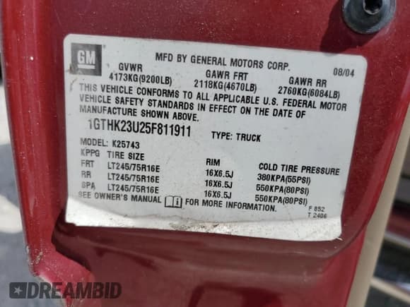 ✅ 2005 GMC Sierra 2500HD SLT • VIN: 1GTHK23U25F811911 • Lot: 47954475. Listed on Copart with 191,559 mi. Free auction sales archive from the USA and detailed vehicle history report at DreamBid. Image 12.