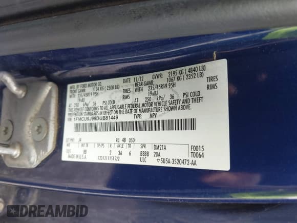 ✅ 2013 Ford Escape Titanium • VIN: 1FMCU9J99DUB81449 • Lot: 42530624. Listed on IAAI with 149,462 mi. Free auction sales archive from the USA and detailed vehicle history report at DreamBid. Image 9.