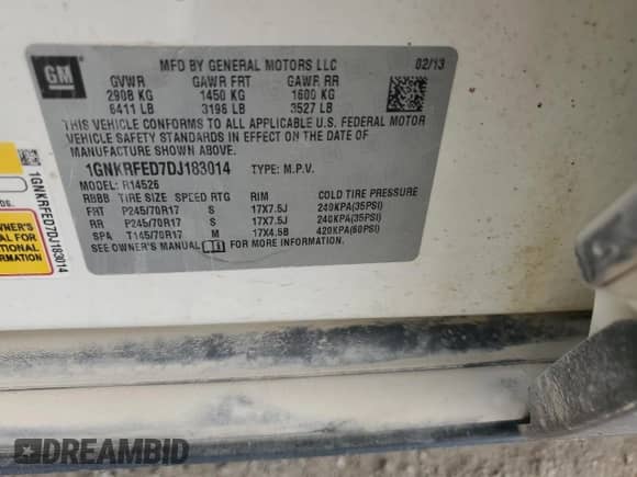 2013 Chevrolet Traverse LS with VIN 1GNKRFED7DJ183014, listed as a Copart auction lot 80904775 with 182,043 mi miles and Salvage title. Bid and sale history available at DreamBid. Image 13.