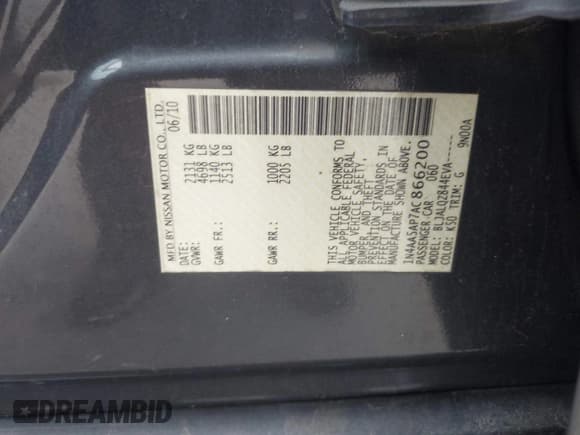 ✅ 2010 Nissan Maxima SV • VIN: 1N4AA5AP7AC866200 • Lot: 42336098. Wystawiony na IAAI z przebiegiem 150 123 mil. Bezpłatny archiwum sprzedaży aukcyjnych z USA i szczegółowy raport historii pojazdu na DreamBid. Zdjęcie 9.