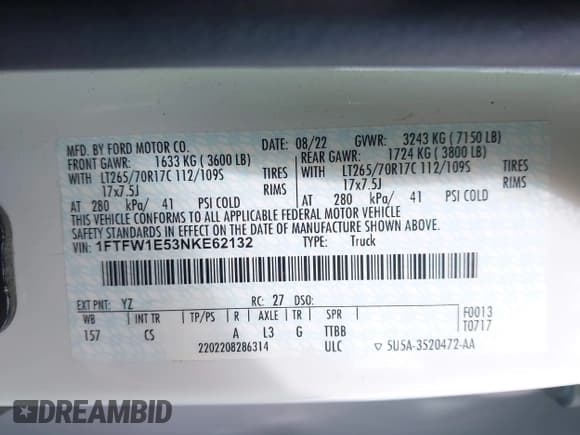 ✅ 2022 Ford F-150 XL • VIN: 1FTFW1E53NKE62132 • Lot: 43221739. Listed on IAAI with 99,473 mi. Free auction sales archive from the USA and detailed vehicle history report at DreamBid. Image 9.