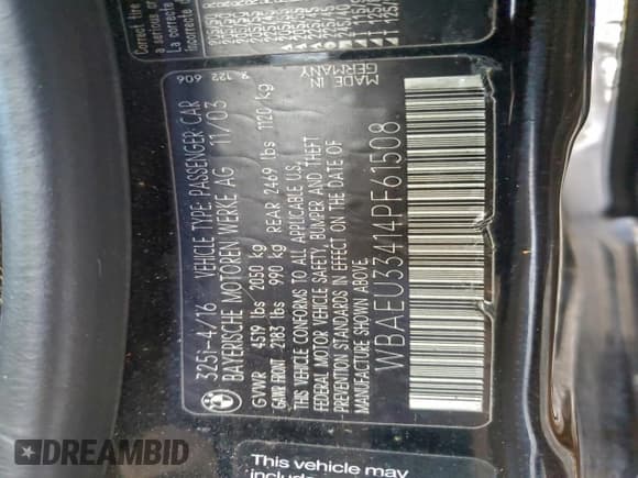 ✅ 2004 BMW 3 Series 325xi • VIN: WBAEU33414PF61508 • Lot: 93561925. Wystawiony na Copart z przebiegiem 152 526 mil. Bezpłatny archiwum sprzedaży aukcyjnych z USA i szczegółowy raport historii pojazdu na DreamBid. Zdjęcie 12.