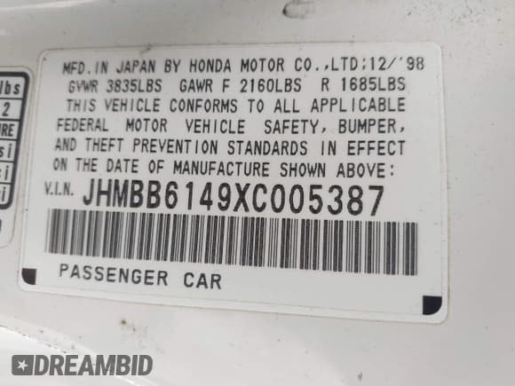 ✅ 1999 Honda Prelude • VIN: JHMBB6149XC005387 • Lot: 42783671. Wystawiony na IAAI z przebiegiem 70 205 mil. Bezpłatny archiwum sprzedaży aukcyjnych z USA i szczegółowy raport historii pojazdu na DreamBid. Zdjęcie 9.