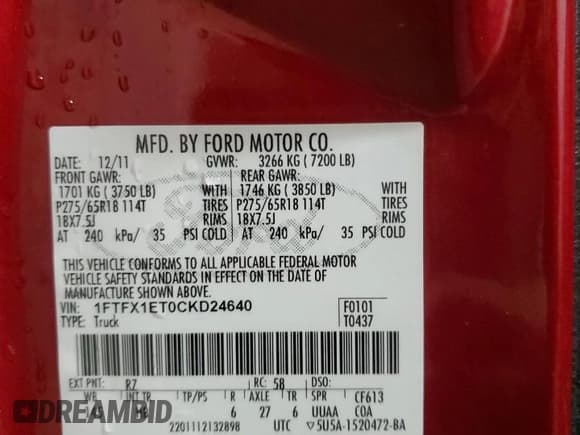 ✅ 2012 Ford F-150 XL • VIN: 1FTFX1ET0CKD24640 • Lot: 87064505. Listed on Copart with 142,231 mi. Free auction sales archive from the USA and detailed vehicle history report at DreamBid. Image 12.