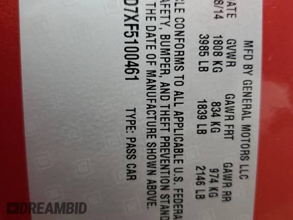 2015 Chevrolet Corvette Z51 3LT с VIN 1G1YM2D7XF5100461, выставлен на аукционе Copart как лот 68673454 с пробегом Не указан миль и Списание • Salvage title. История ставок и продаж доступна на DreamBid. Изображение 13.