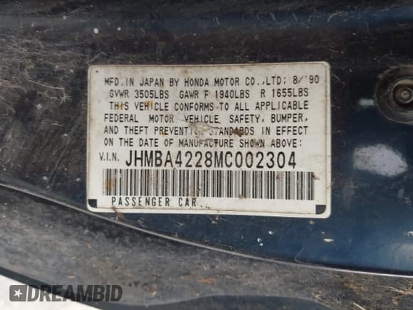 ✅ 1991 Honda Prelude • VIN: JHMBA4228MC002304 • Lot: 42428541. Listed on IAAI with 235,940 mi. Free auction sales archive from the USA and detailed vehicle history report at DreamBid. Image 9.