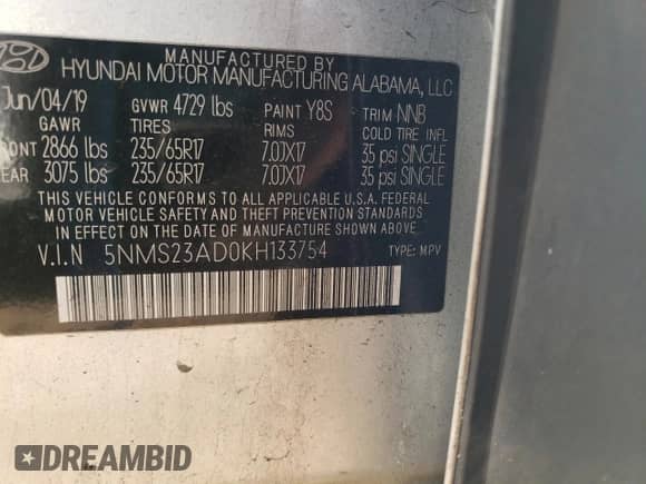 2019 Hyundai Santa Fe SE z VIN 5NMS23AD0KH133754, wystawiony jako Copart lot #71846932 z przebiegiem 45 200 mil mil oraz . Historia ofert i sprzedaży dostępna na DreamBid. Obrazek 13.