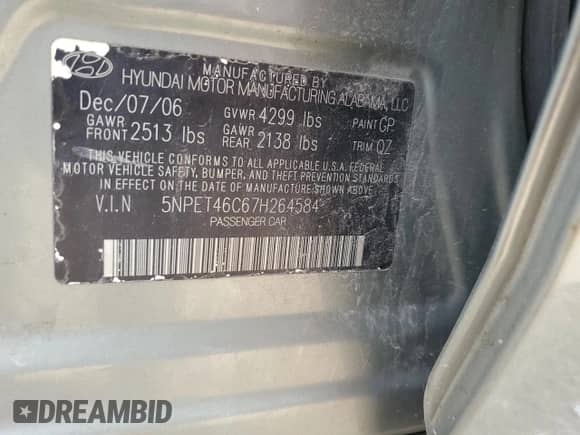 2007 Hyundai Sonata GLS с VIN 5NPET46C67H264584, выставлен на аукционе Copart как лот 71178264 с пробегом 176 282 миль миль и Списание • Salvage title. История ставок и продаж доступна на DreamBid. Изображение 12.