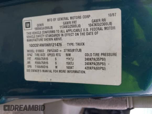 ✅ 1998 Chevrolet S-10 • VIN: 1GCCS14W8W8121476 • Lot: 43405163. Listed on IAAI with Not provided. Free auction sales archive from the USA and detailed vehicle history report at DreamBid. Image 9.