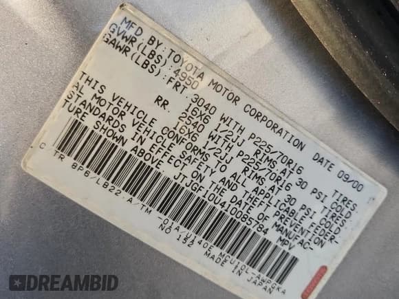 ✅ 2001 Lexus RX 300 • VIN: JTJGF10U410085784 • Lot: 92075825. Listed on Copart with 199,429 mi. Free auction sales archive from the USA and detailed vehicle history report at DreamBid. Image 13.