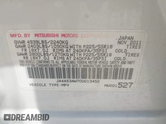 ✅ 2012 Mitsubishi Outlander SE • VIN: JA4AS3AW7CU013452 • Lot: 42523951. Wystawiony na IAAI z przebiegiem 184 644 mil. Bezpłatny archiwum sprzedaży aukcyjnych z USA i szczegółowy raport historii pojazdu na DreamBid. Zdjęcie 9.