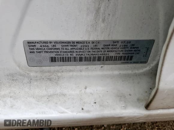 ✅ 2010 Volkswagen Jetta Limited Edition • VIN: 3VWRZ7AJ8AM165531 • Lot: 58623515. Listed on Copart with 166,829 mi. Free auction sales archive from the USA and detailed vehicle history report at DreamBid. Image 12.