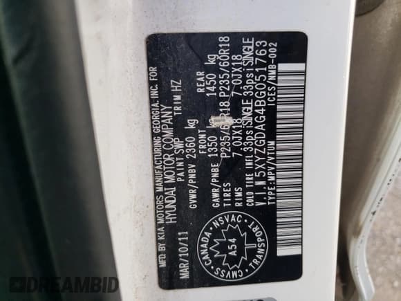 ✅ 2011 Hyundai Santa Fe GLS • VIN: 5XYZGDAG4BG051763 • Lot: 78607334. Listed on Copart with 201,580 mi. Free auction sales archive from the USA and detailed vehicle history report at DreamBid. Image 13.