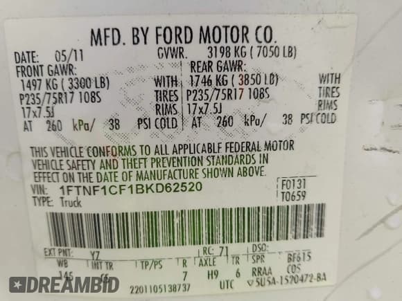 ✅ 2011 Ford F-150 XL • VIN: 1FTNF1CF1BKD62520 • Lot: 43766500. Wystawiony na IAAI z przebiegiem 205 222 mil. Bezpłatny archiwum sprzedaży aukcyjnych z USA i szczegółowy raport historii pojazdu na DreamBid. Zdjęcie 9.