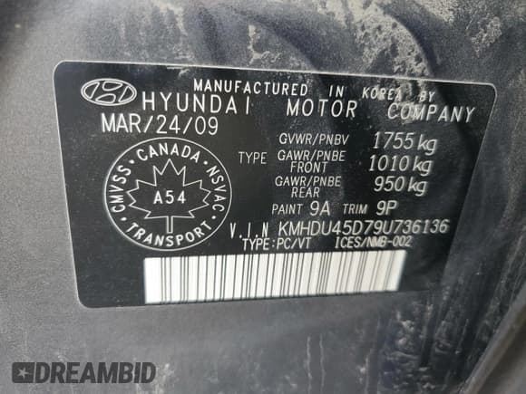 ✅ 2009 Hyundai Elantra GLS • VIN: KMHDU45D79U736136 • Lot: 54687295. Listed on Copart with 116,455 mi. Free auction sales archive from the USA and detailed vehicle history report at DreamBid. Image 12.