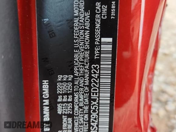 ✅ 2018 BMW M4 • VIN: WBS4Z9C5XJED22423 • Lot: 81851365. Listed on Copart with 46,904 mi. Free auction sales archive from the USA and detailed vehicle history report at DreamBid. Image 12.