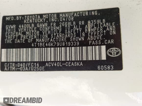 ✅ 2009 Toyota Camry • VIN: 4T1BE46K79U819339 • Lot: 43162222. Wystawiony na IAAI z przebiegiem Nie podano. Bezpłatny archiwum sprzedaży aukcyjnych z USA i szczegółowy raport historii pojazdu na DreamBid. Zdjęcie 9.