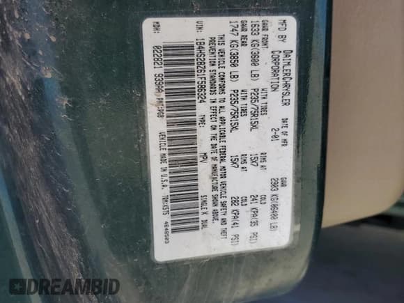 ✅ 2001 Dodge Durango • VIN: 1B4HS28Z61F586324 • Лот: 68517395. Опубликован ранее на Copart с пробегом 136 237 миль. Бесплатный доступ к архиву аукционных продаж из США и подробный отчёт об истории автомобиля на DreamBid. Изображение 13.