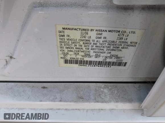 ✅ 2007 Nissan Altima S • VIN: 1N4AL21E87N401543 • Lot: 43652240. Wystawiony na IAAI z przebiegiem 173 469 mil. Bezpłatny archiwum sprzedaży aukcyjnych z USA i szczegółowy raport historii pojazdu na DreamBid. Zdjęcie 9.