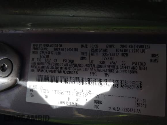 ✅ 2021 Ford Escape SE • VIN: 1FMCU9G61MUB20836 • Lot: 41840447. Listed on IAAI with 42,158 mi. Free auction sales archive from the USA and detailed vehicle history report at DreamBid. Image 9.