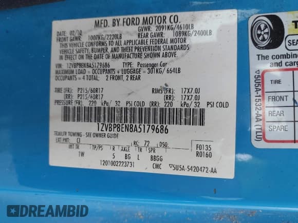 ✅ 2010 Ford Mustang V6 • VIN: 1ZVBP8EN8A5179686 • Lot: 42369977. Listed on IAAI with 112,065 mi. Free auction sales archive from the USA and detailed vehicle history report at DreamBid. Image 9.