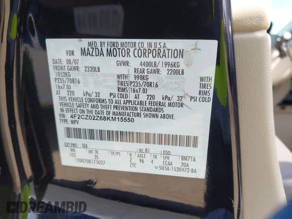 ✅ 2008 Mazda Tribute Sport • VIN: 4F2CZ02Z68KM15550 • Lot: 41615133. Wystawiony na IAAI z przebiegiem 215 803 mil. Bezpłatny archiwum sprzedaży aukcyjnych z USA i szczegółowy raport historii pojazdu na DreamBid. Zdjęcie 9.