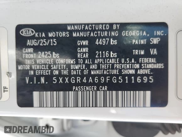 ✅ 2015 Kia Optima SX Turbo • VIN: 5XXGR4A69FG511695 • Lot: 62382285. Listed on Copart with 114,796 mi. Free auction sales archive from the USA and detailed vehicle history report at DreamBid. Image 12.