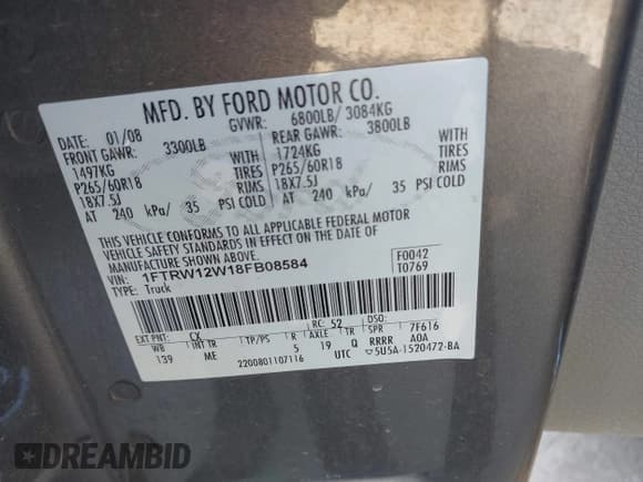 ✅ 2008 Ford F-150 XL • VIN: 1FTRW12W18FB08584 • Лот: 43715678. Опубликован ранее на IAAI с пробегом 252 874 миль. Бесплатный доступ к архиву аукционных продаж из США и подробный отчёт об истории автомобиля на DreamBid. Изображение 9.