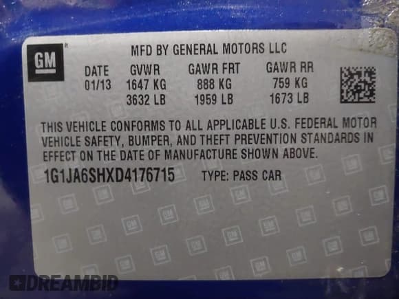 ✅ 2013 Chevrolet Sonic LS • VIN: 1G1JA6SHXD4176715 • Lot: 41184380. Listed on IAAI with 169,474 mi. Free auction sales archive from the USA and detailed vehicle history report at DreamBid. Image 9.