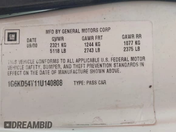 ✅ 2001 Cadillac DeVille • VIN: 1G6KD54Y11U140808 • Lot: 43411409. Listed on IAAI with 186,062 mi. Free auction sales archive from the USA and detailed vehicle history report at DreamBid. Image 9.