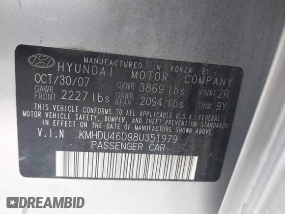 2008 Hyundai Elantra GLS with VIN KMHDU46D98U351979, listed as a IAAI auction lot 43587009 with 167,060 mi miles and . Bid and sale history available at DreamBid. Image 9.
